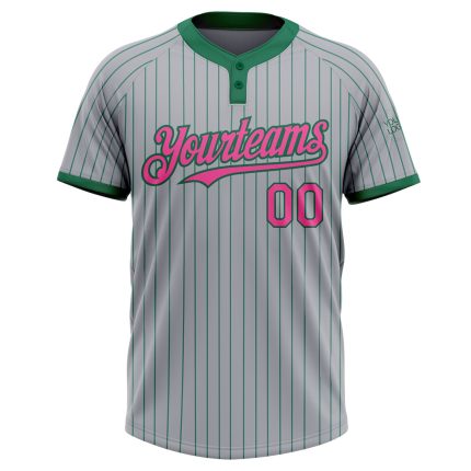 Custom Name and Number Unisex Softball Jersey - Personalized Gray Kelly Green Pinstripe Two-Button Design Personalized Gray
