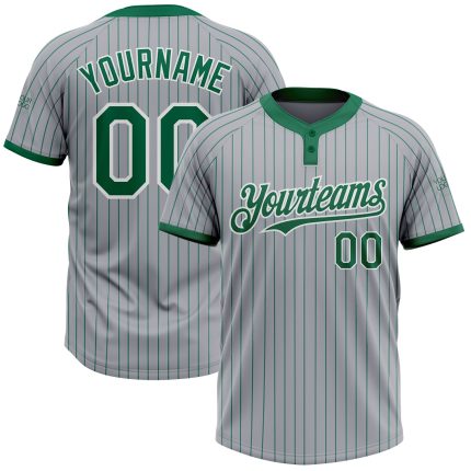 Custom Name and Number Unisex Softball Jersey - Gray Kelly Green Pinstripe Two-Button Personalized Gray Kelly Green Pinstripe