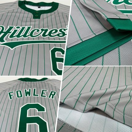Custom Name and Number Unisex Softball Jersey - Gray Kelly Green Pinstripe Two-Button Personalized Gray Kelly Green Pinstripe