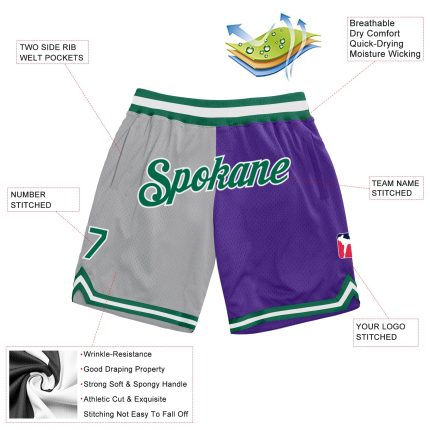 Custom Name Number Authentic Basketball Shorts Gray Kelly Green Purple Throwback Fashion Split Design Personalized Gray Kelly