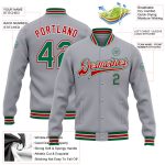 Custom Team Name Number Varsity Letterman Bomber Jacket Gray Kelly Green Red Full-Snap Personalized Gray Kelly Green-Red
