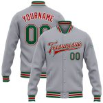 Custom Team Name Number Varsity Letterman Bomber Jacket Gray Kelly Green Red Full-Snap Personalized Gray Kelly Green-Red