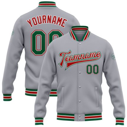 Custom Team Name Number Varsity Letterman Bomber Jacket Gray Kelly Green Red Full-Snap Personalized Gray Kelly Green-Red