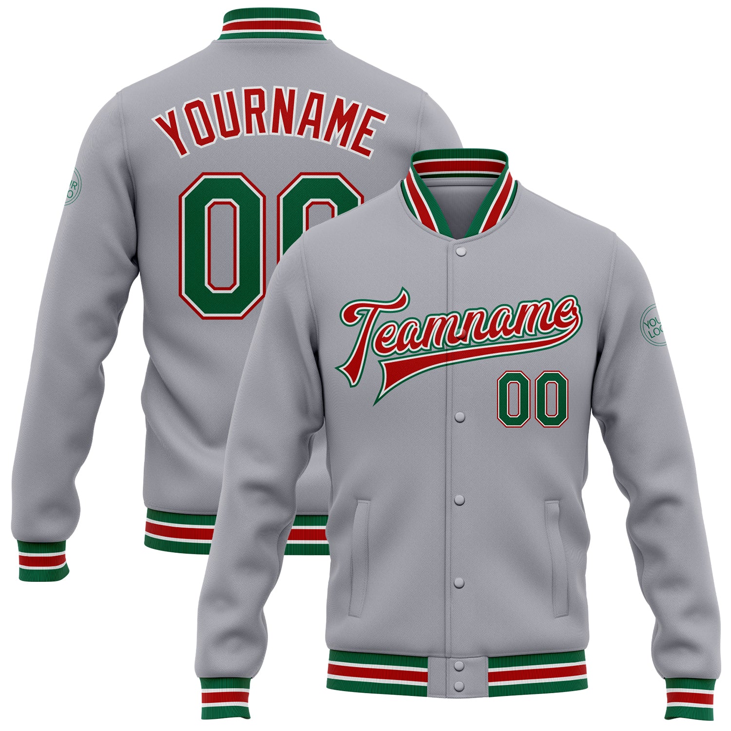 Custom Team Name Number Varsity Letterman Bomber Jacket Gray Kelly Green Red Full-Snap Personalized Gray Kelly Green-Red