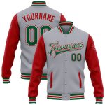 Customizable Bomber Jacket with Name and Number - Gray Kelly Green-Red Two Tone Varsity Letterman Full-Snap Jacket Personalized
