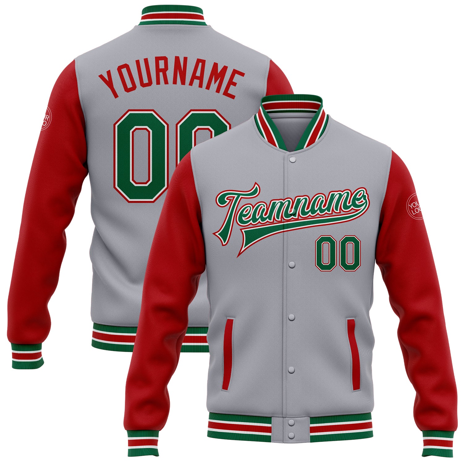 Customizable Bomber Jacket with Name and Number - Gray Kelly Green-Red Two Tone Varsity Letterman Full-Snap Jacket Personalized