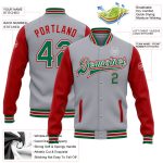 Customizable Bomber Jacket with Name and Number - Gray Kelly Green-Red Two Tone Varsity Letterman Full-Snap Jacket Personalized