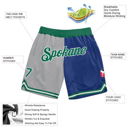 Custom Name & Number Basketball Shorts - Personalized Gray Kelly Green-Royal Authentic Throwback Split Fashion Personalized