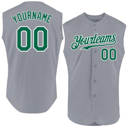 Custom Name and Number Personalized Gray Kelly Green White Sleeveless Baseball Jersey - Authentic Team Apparel Personalized