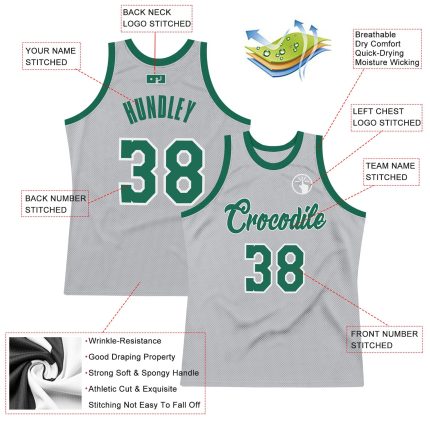 Personalized Custom Basketball Jersey with Name and Number - Gray Kelly Green White Authentic Throwback Design Personalized