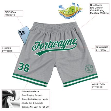 Personalized Gray Green White Authentic Basketball Shorts - Throwback Style Personalized Gray Kelly Green-White Authentic