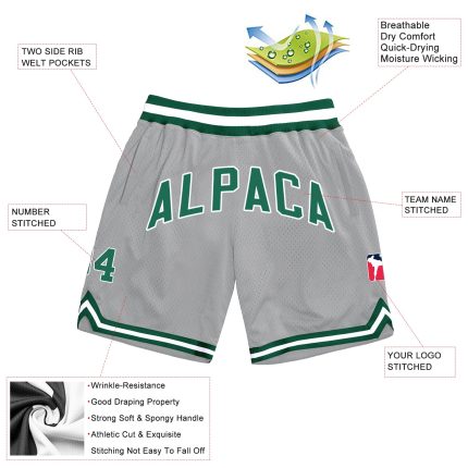 Custom Name & Number Basketball Shorts - Authentic Throwback in Gray Kelly Green-White Personalized Gray Kelly Green-White