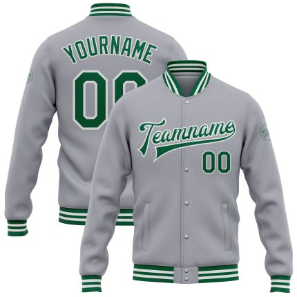 Personalized Varsity Letterman Jacket - Gray Kelly Green Full-Snap Bomber Personalized Gray Kelly Green-White Bomber Full-Snap