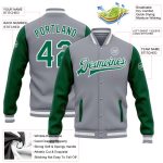 Custom Two Tone Bomber Jacket with Name and Number - Gray Kelly Green-White Varsity Letterman Full-Snap Personalized Gray