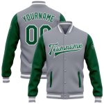 Custom Two Tone Bomber Jacket with Name and Number - Gray Kelly Green-White Varsity Letterman Full-Snap Personalized Gray