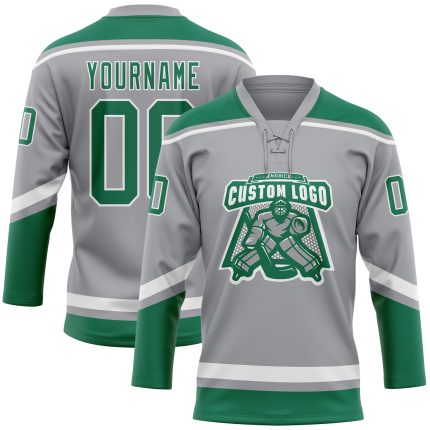 Custom Name and Number Hockey Jersey in Gray Kelly Green-White - Personalized Lace Neck Team Jersey Personalized Gray Kelly