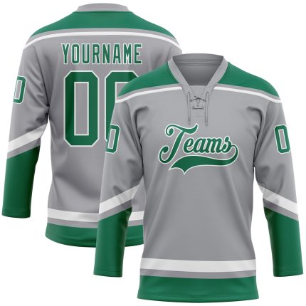 Custom Name and Number Hockey Jersey in Gray Kelly Green-White - Personalized Lace Neck Team Jersey Personalized Gray Kelly