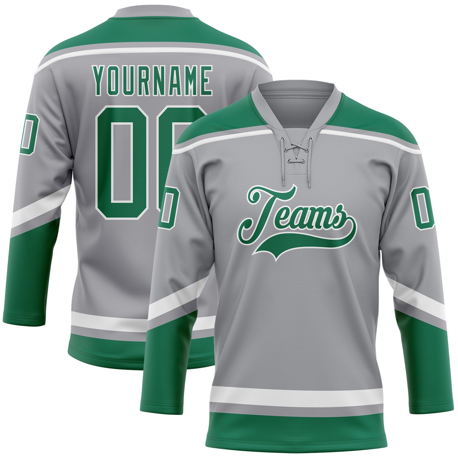 Custom Name and Number Hockey Jersey in Gray Kelly Green-White - Personalized Lace Neck Team Jersey Personalized Gray Kelly