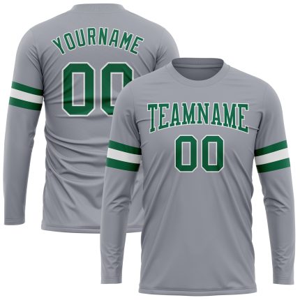 Custom Long Sleeve Performance T-Shirt with Personalized Name and Number - Gray Kelly Green White Team Apparel Personalized