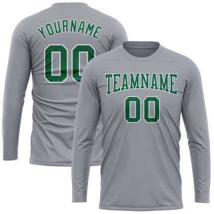 Custom Long Sleeve Performance T-Shirt with Personalized Name and Number - Gray Kelly Green White Team Apparel Personalized