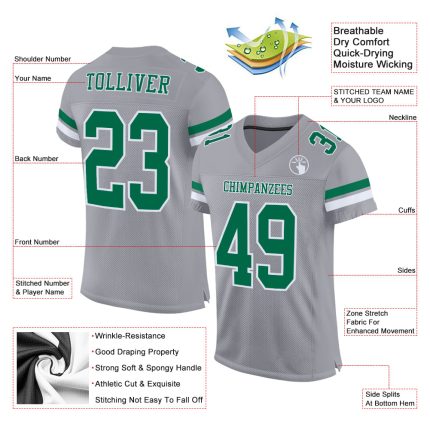Custom Team Football Jersey - Personalized Gray Kelly Green and White Mesh with Name and Number Personalized Gray Kelly Green-White