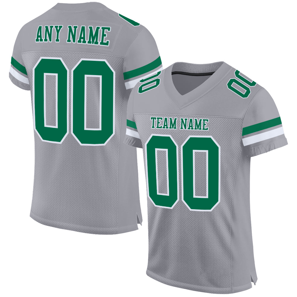 Custom Team Football Jersey - Personalized Gray Kelly Green and White Mesh with Name and Number Personalized Gray Kelly Green-White