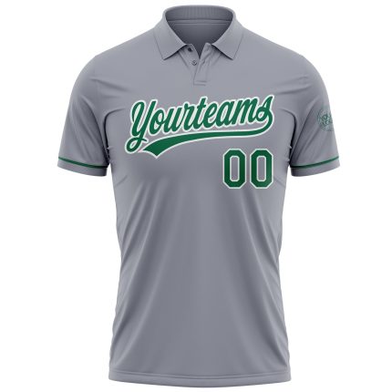 Custom Name and Number Performance Vapor Golf Polo Shirt - Gray Kelly Green-White Personalized Gray Kelly Green-White Performance