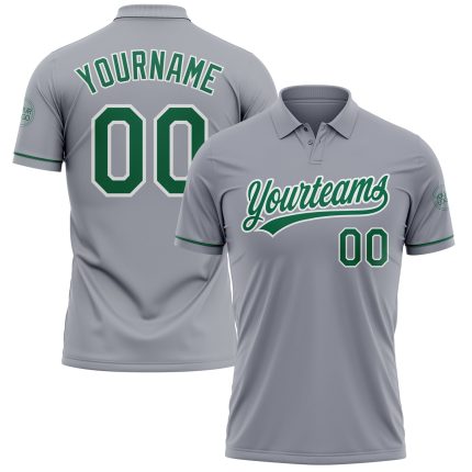 Custom Name and Number Performance Vapor Golf Polo Shirt - Gray Kelly Green-White Personalized Gray Kelly Green-White Performance