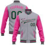 Custom Two Tone Varsity Letterman Bomber Jacket - Personalized Gray Kelly Green White Pink with Name and Number Personalized