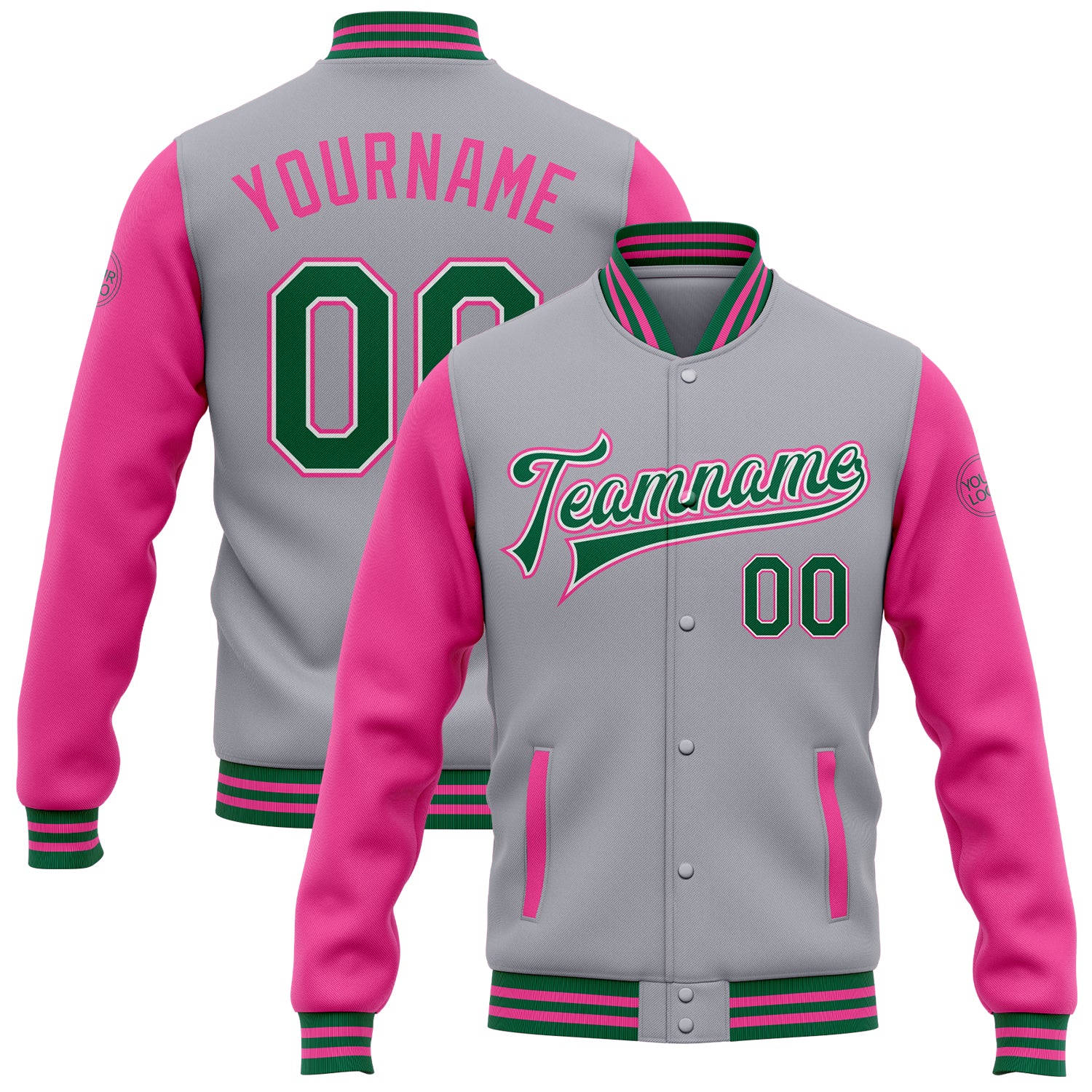 Custom Two Tone Varsity Letterman Bomber Jacket - Personalized Gray Kelly Green White Pink with Name and Number Personalized