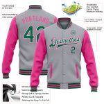Custom Two Tone Varsity Letterman Bomber Jacket - Personalized Gray Kelly Green White Pink with Name and Number Personalized