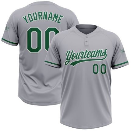 Personalized Two-Button Unisex Softball Jersey in Gray, Kelly Green & White Personalized Gray Kelly Green-White Two-Button