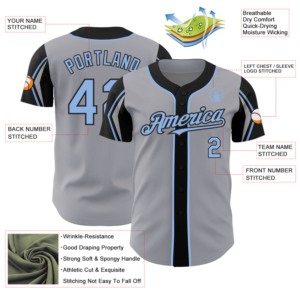Personalized Gray Light Blue-Black 3 Colors Arm Shapes Authentic Baseball Jersey Team Custom Name and Number Customizable Authentic Baseball Jersey in Gray Light Blue Black - Personalized Name and Number, Available in 3 Colors Personalized - Image 4