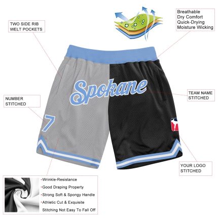 Custom Name Number Basketball Shorts - Authentic Throwback Split Design in Gray Light Blue and Black Personalized Gray Light