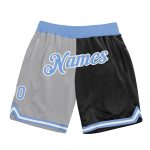 Custom Name Number Basketball Shorts - Authentic Throwback Split Design in Gray Light Blue and Black Personalized Gray Light