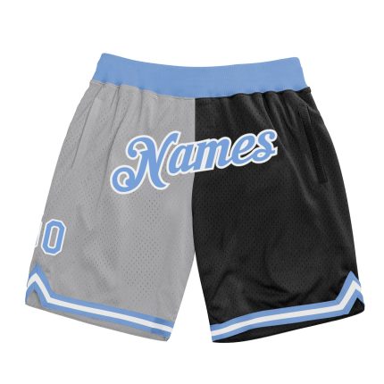 Custom Name Number Basketball Shorts - Authentic Throwback Split Design in Gray Light Blue and Black Personalized Gray Light