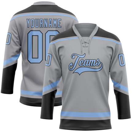 Custom Name and Number Hockey Jersey - Personalized Gray Light Blue-Black Lace Neck Team Jersey Personalized Gray Light Blue-Black