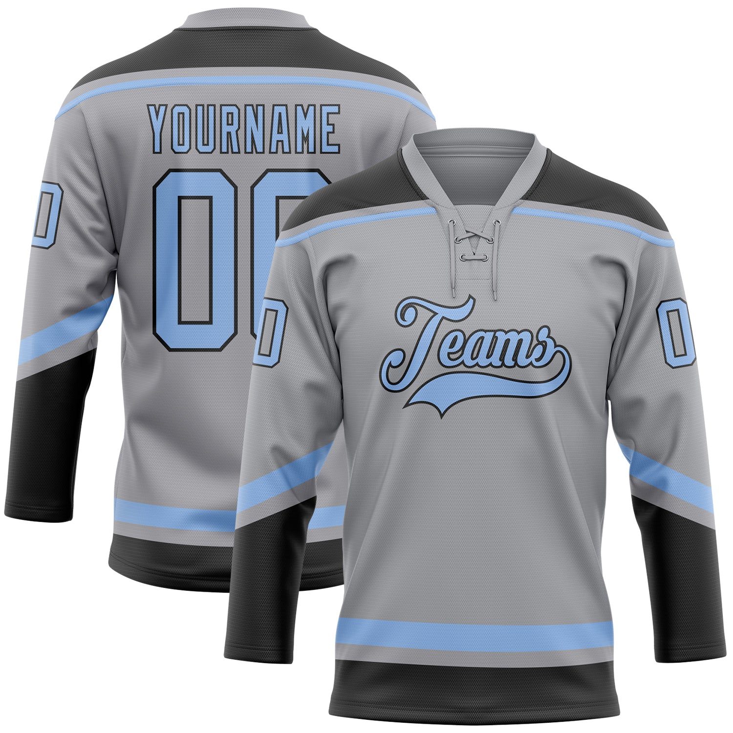 Custom Name and Number Hockey Jersey - Personalized Gray Light Blue-Black Lace Neck Team Jersey Personalized Gray Light Blue-Black