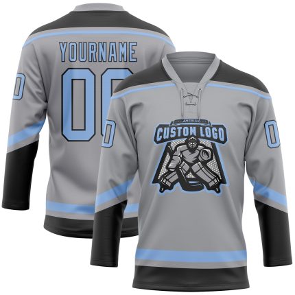 Custom Name and Number Hockey Jersey - Personalized Gray Light Blue-Black Lace Neck Team Jersey Personalized Gray Light Blue-Black
