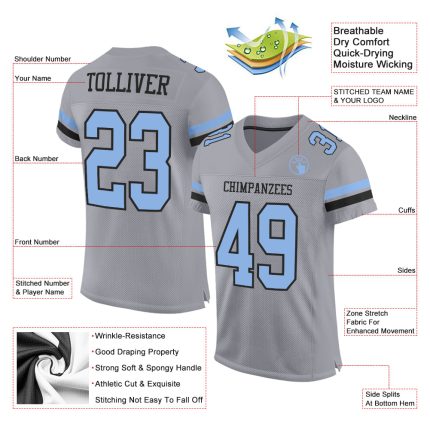 Custom Name Number Authentic Football Jersey - Personalized Gray Light Blue Black Mesh Personalized Gray Light Blue-Black
