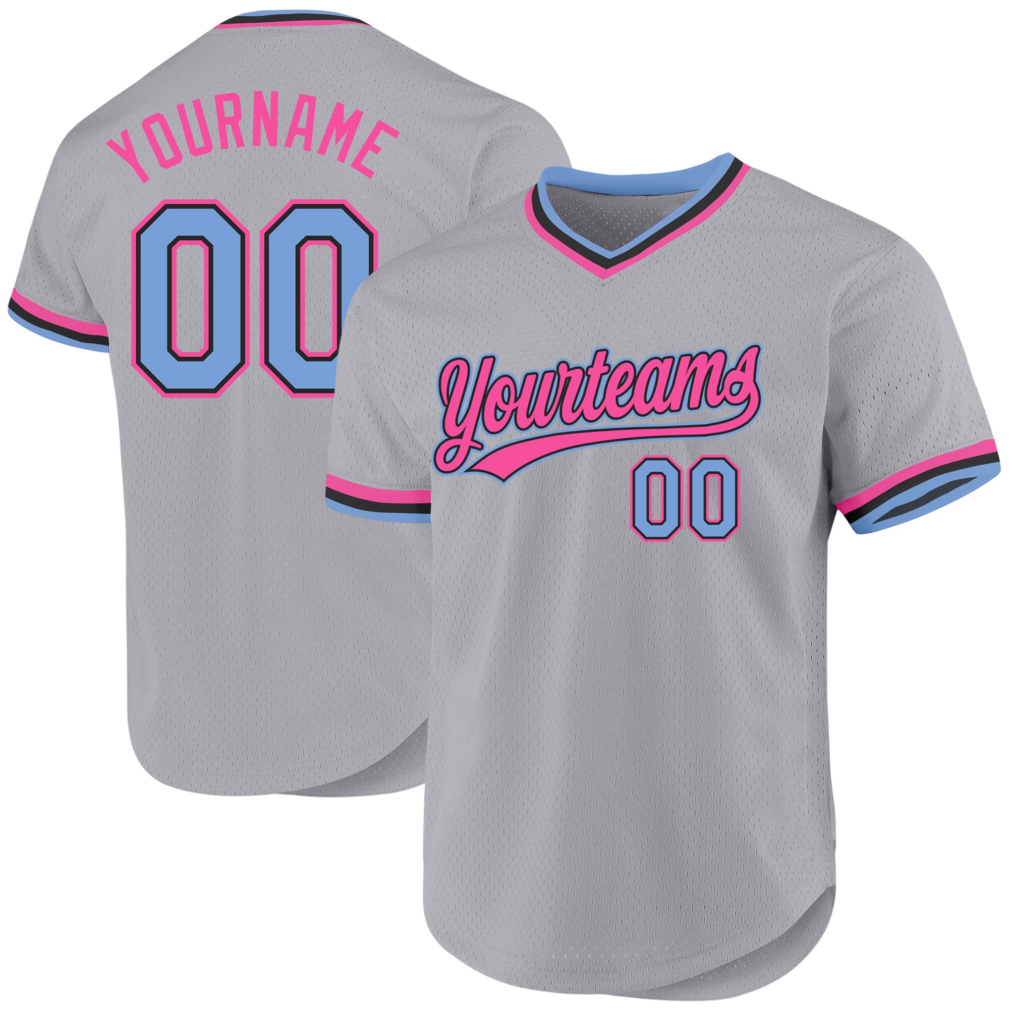 Custom Name and Number Personalized Throwback Baseball Jersey - Gray Light Blue Black Pink Personalized Gray Light Blue Black-Pink