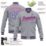 Custom Varsity Letterman Jacket with Name and Number - Personalized Gray Light Blue Black Pink Full-Snap Bomber Personalized