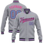 Custom Varsity Letterman Jacket with Name and Number - Personalized Gray Light Blue Black Pink Full-Snap Bomber Personalized