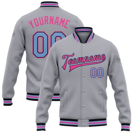 Custom Varsity Letterman Jacket with Name and Number - Personalized Gray Light Blue Black Pink Full-Snap Bomber Personalized
