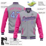 Custom Varsity Letterman Jacket with Name and Number - Personalized Two Tone Gray Light Blue Black and Pink Full-Snap Bomber