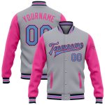 Custom Varsity Letterman Jacket with Name and Number - Personalized Two Tone Gray Light Blue Black and Pink Full-Snap Bomber