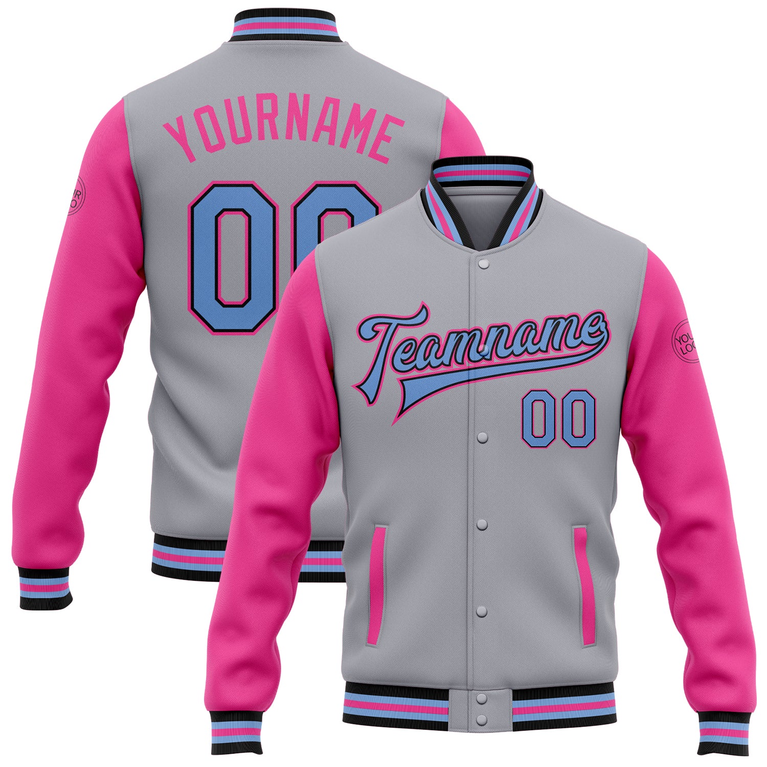 Custom Varsity Letterman Jacket with Name and Number - Personalized Two Tone Gray Light Blue Black and Pink Full-Snap Bomber