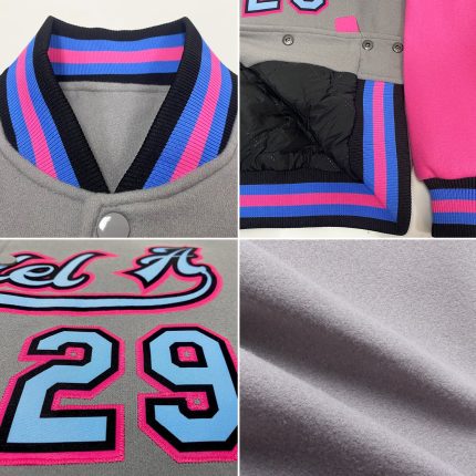 Custom Varsity Letterman Jacket with Name and Number - Personalized Two Tone Gray Light Blue Black and Pink Full-Snap Bomber
