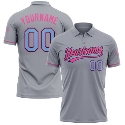 Custom Performance Vapor Golf Polo Shirt - Personalized Gray Light Blue Black-Pink with Team Name & Number Personalized Gray