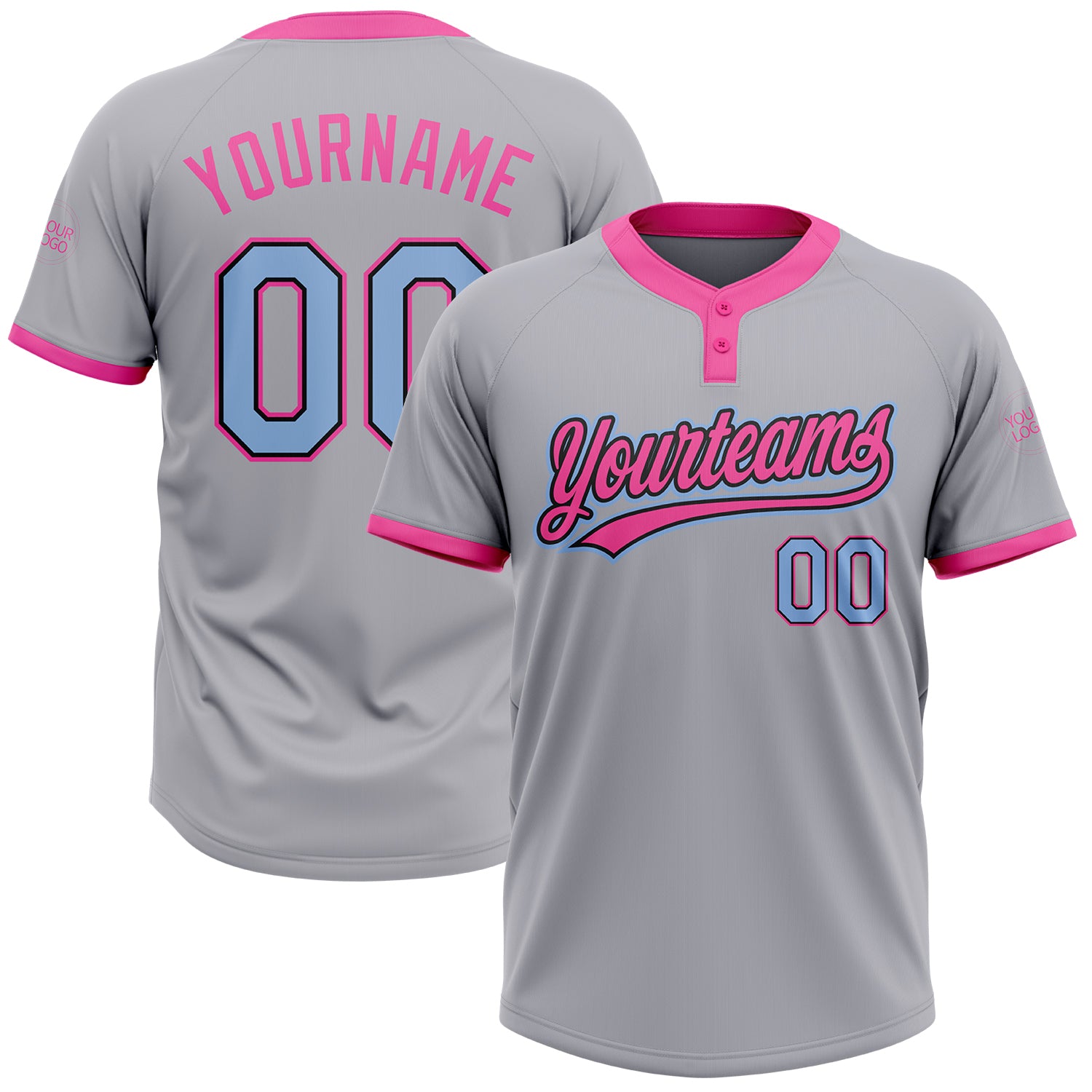 Custom Name and Number Unisex Softball Jersey - Personalized Gray Light Blue Black Pink Two-Button Design Personalized Gray